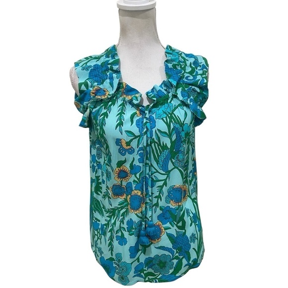 Figue Gianna drawstring ruffle top blouse self tie tassel floral turquoise sz xs - Picture 3 of 14